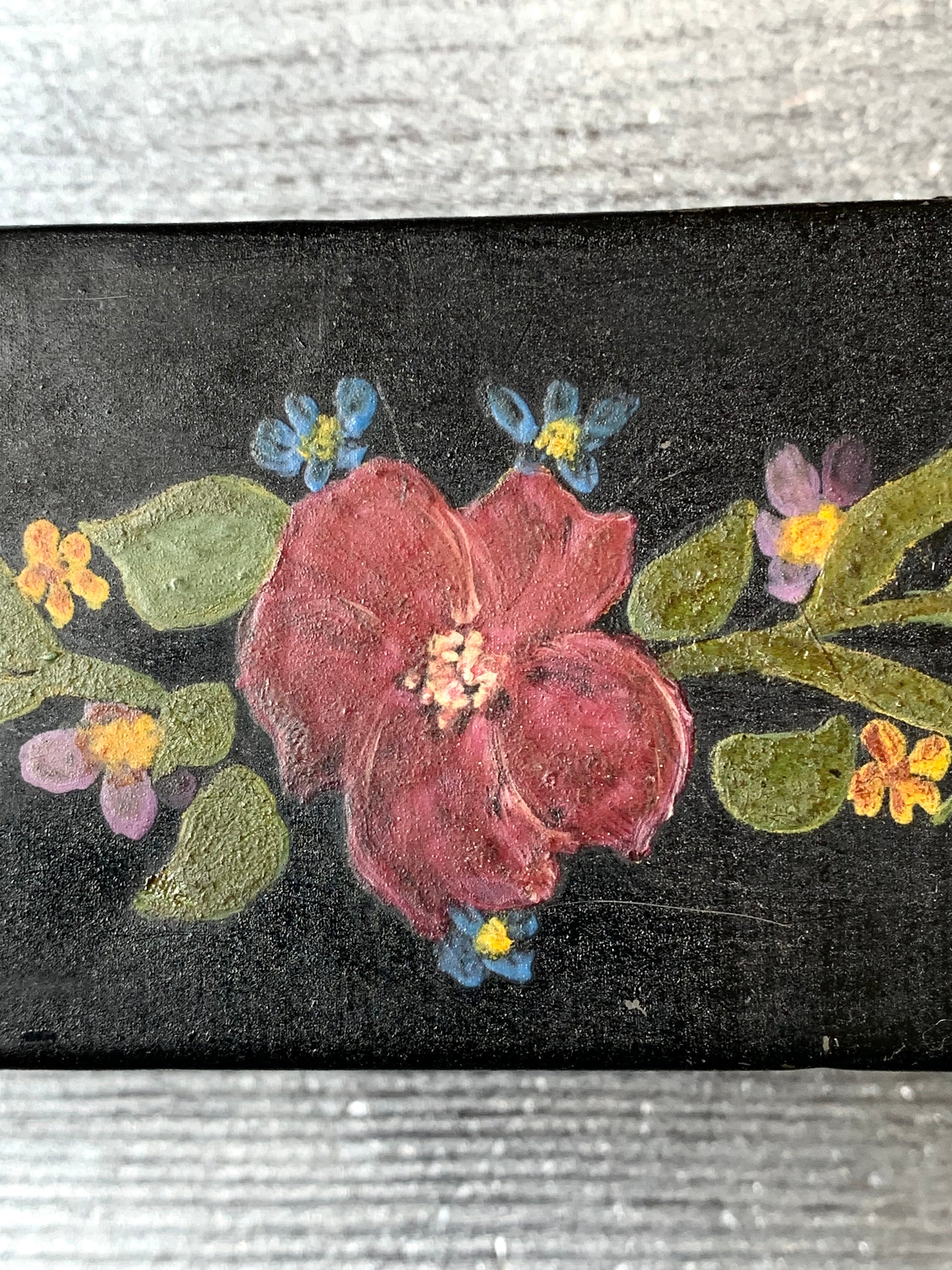 Vintage Hand Painted Metal Trinket Box Keepsake Box Floral Flower Theme