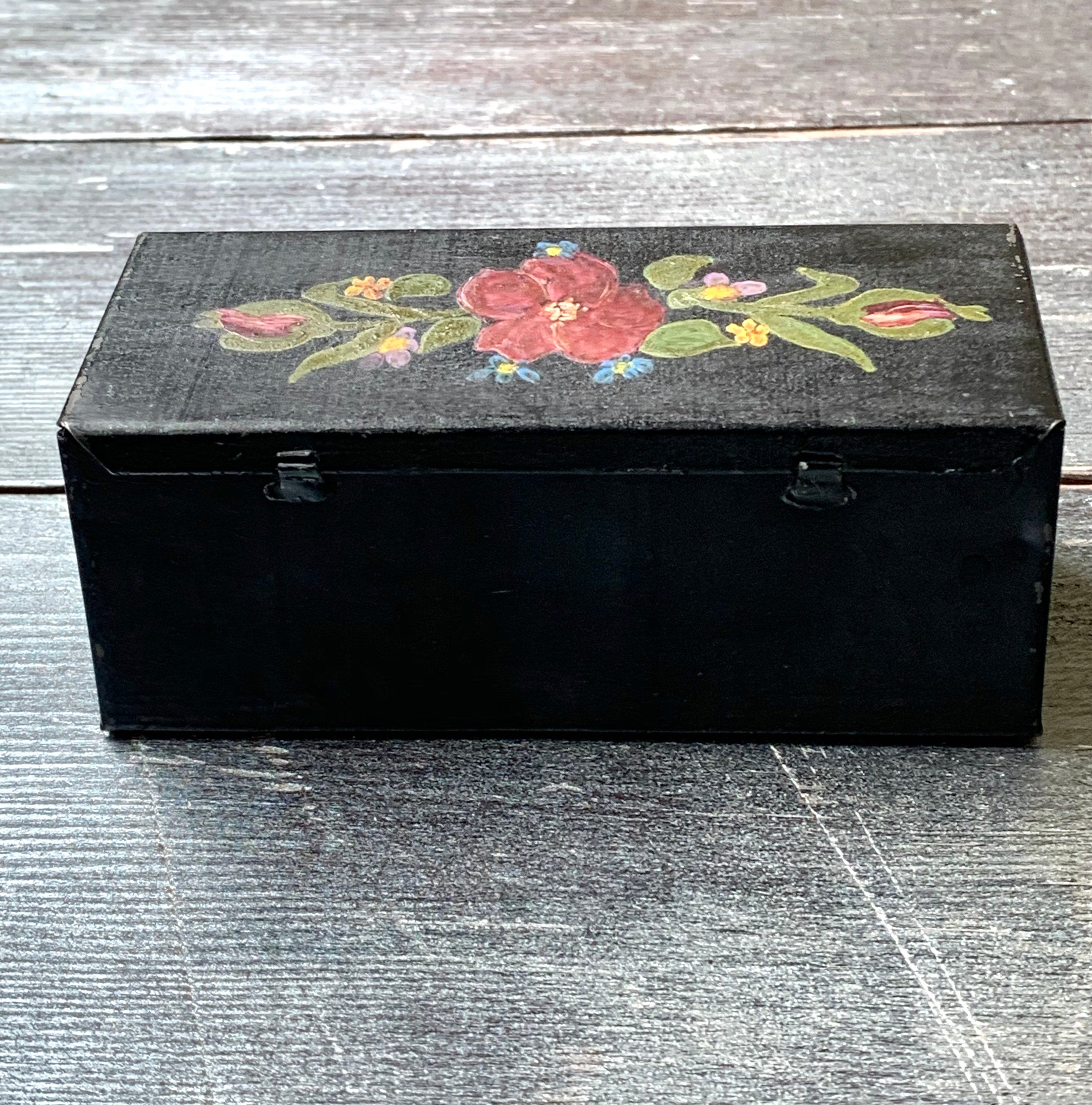 Vintage Hand Painted Metal Trinket Box Keepsake Box Floral Flower Theme