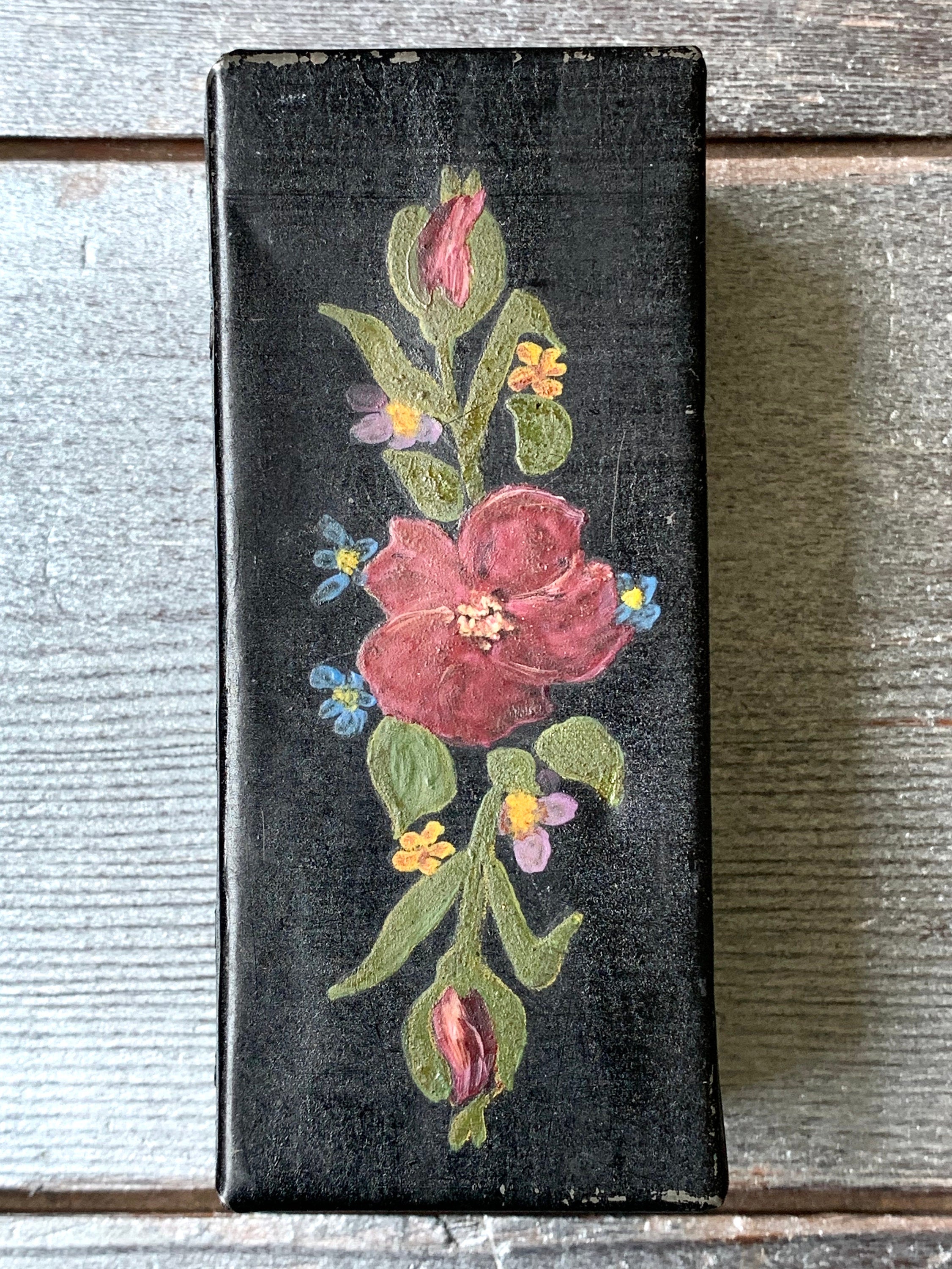 Vintage Hand Painted Metal Trinket Box Keepsake Box Floral Flower Theme